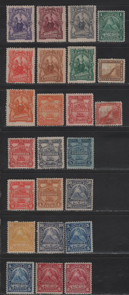 Lot 119 Nicaragua SC#3, 6, 13-17, 19, 20-24, 29, 30/39 1c - 10p Bistre - Orange Liberty Cap - Goddess of Plenty, 1869-1891 Liberty Cap On Mountain - Goddess Of Plenty Seebeck issues, 24 F/VFOG & Unused Singles, With Some Shades