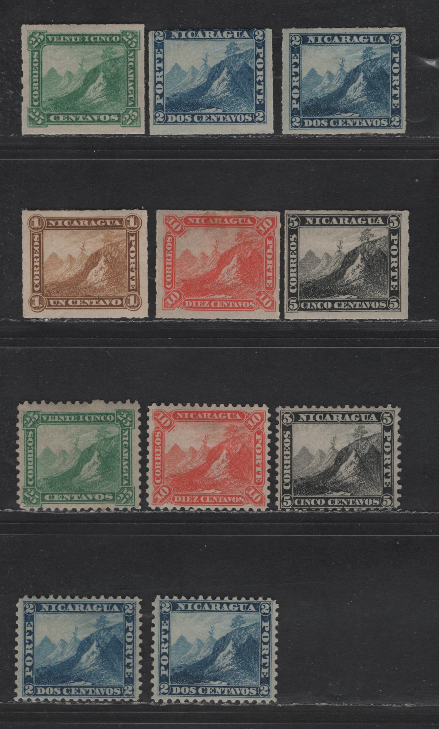 Lot 120 Nicaragua SC#4-12 2c - 25c Blue - Green Liberty Cap On Mountain Peak, 1892 Reprinted Liberty Cap On Mountain Peak Issue, 11 F/VFOG Singles, Additional Shades of 2c