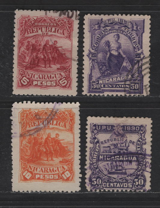 Lot 122 Nicaragua SC#25, 35, 48-49 50c - 10p Violet - Orange Locomotive & Telegraph Key - Columbus Sighting Land, 1890-1892 Seebeck Issues, 4 Fine/Very Fine Used Singles, Cancels On 50c Look Genuine, High Values Dubious, But Might Be Genuine
