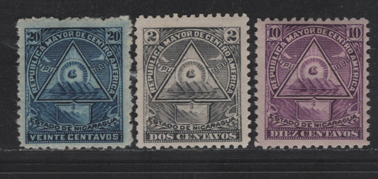 Lot 123 Nicaragua SC#109B, 109G, 109J 2c. 10c & 20c Slate, Violet & Blue Arms, 1898 Coat of Arms Issue, 3 FOG Singles, Unwatermarked, Original Printings On Medium Thick Horizontal Wove Paper