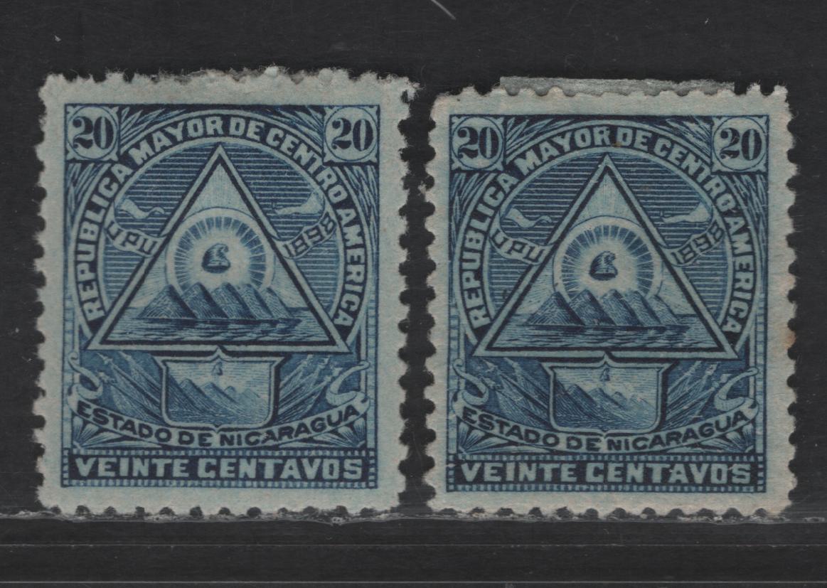 Lot 125 Nicaragua SC#109H 20c Blue Arms, 1898 Coat of Arms Issue, 2 VFOG Singles, Medium Horizontal & Vertical Wove Papers, Reprints Are On A Much Thicker Paper, Unwatermarked