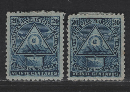 Lot 125 Nicaragua SC#109H 20c Blue Arms, 1898 Coat of Arms Issue, 2 VFOG Singles, Medium Horizontal & Vertical Wove Papers, Reprints Are On A Much Thicker Paper, Unwatermarked