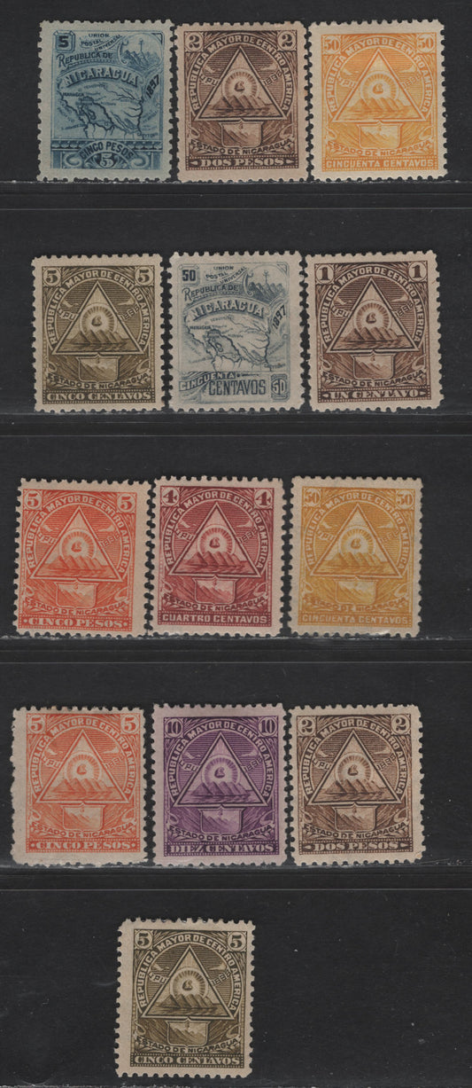 Lot 126 Nicaragua SC#98R/109MR, 98FR/109R 1c - 5p Violet - Orange Map - Arms, 1896-1898 Map & Seebeck Arm Issues, 13 F/VFOG Singles, Watermarked & Unwatermarked, Thick Vertical Wove Paper, A Useful Reference Tool