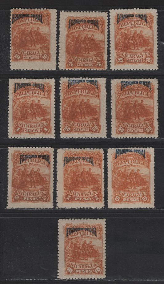 Lot 128 Nicaragua SC#O21-O30  Brownish Orange Columbus Discovery of America, 1892 Franques Official Overprinted Issue, 10 F/VFOG Singles