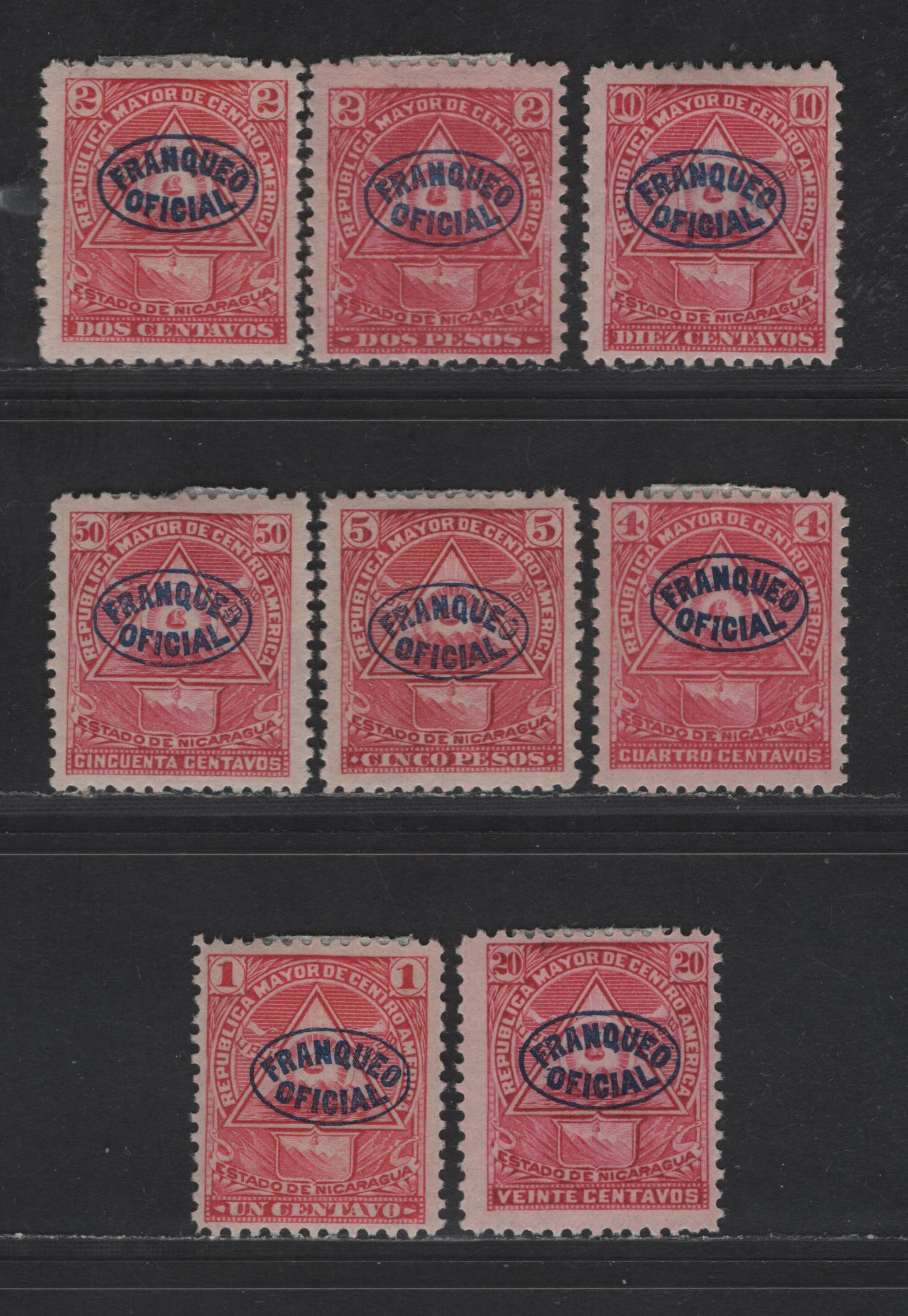 Lot 129 Nicaragua SC#O118-O122, O124-O125 1c - 30c Carmine Coat of Arms, 1898 Coat Of Arms Official Overprint Issue, 8 F/VFOG Singles, Thicker Horizontal & Vertical Wove Papers, Extra Shade Of 2c, Originals