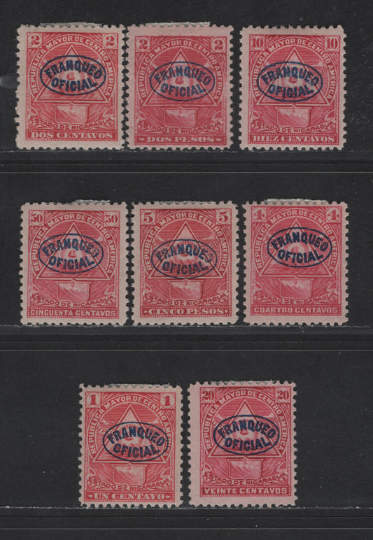 Lot 129 Nicaragua SC#O118-O122, O124-O125 1c - 30c Carmine Coat of Arms, 1898 Coat Of Arms Official Overprint Issue, 8 F/VFOG Singles, Thicker Horizontal & Vertical Wove Papers, Extra Shade Of 2c, Originals