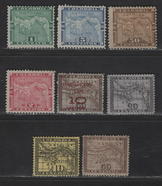 Lot 130 Panama SC#11-12, 15-17, 20, 29 10c - 10c on 50c Black on Yellow - Brown Map of Panama - Surcharged, 1887-1894 Map & Surcharged Issues, 8 F/VFOG & Unused Singles, 12, 15 & 17 Have No Gum