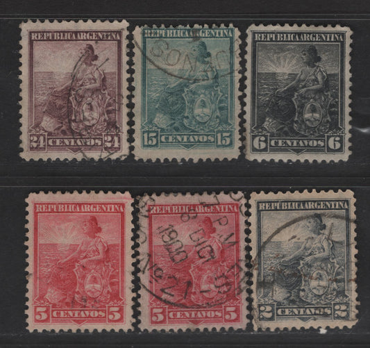 Lot 13 Argentina SC#124E, 127E, 128E, 132E, 135E 2c - 24c Slate - Violet Seated Liberty, 1899-1903 Seated Liberty Issue, A F/VFOG Singles, Perf 12, 2 Shades of 5c