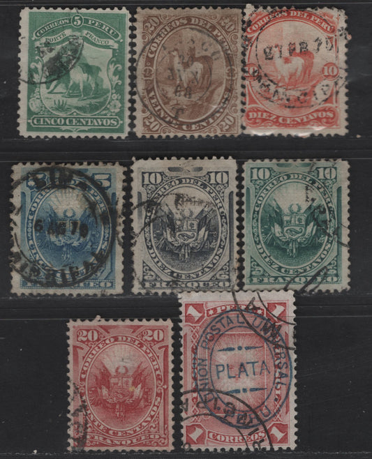 Lot 134 Peru SC#16-18, 23, 25-27, 37 5c - 1s Green - Rose Llamas - Sun, 1866-1880 Llama - UPU Peru Plata Overprinted Issues, 8 Fine/Very Fine Used Singles