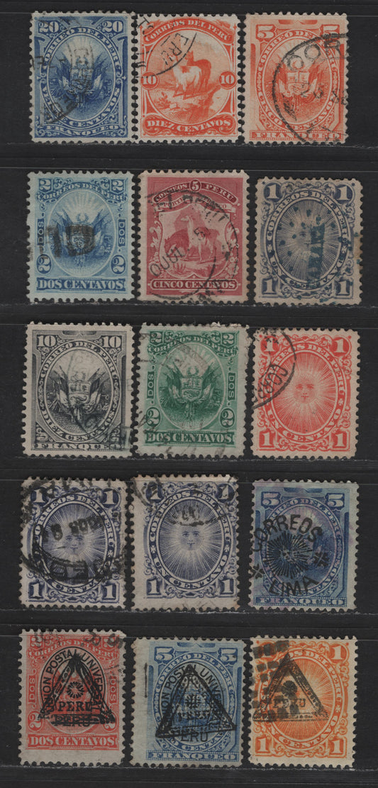 Lot 135 Peru SC#65, 68, 88, 103, 104-111, 113 1c - 20c Orange - Deep Ultramarine Overprints, 1888-1895 Overprints & Soft Paper Pictorials, 15 Fine/Very Fine Used Singles