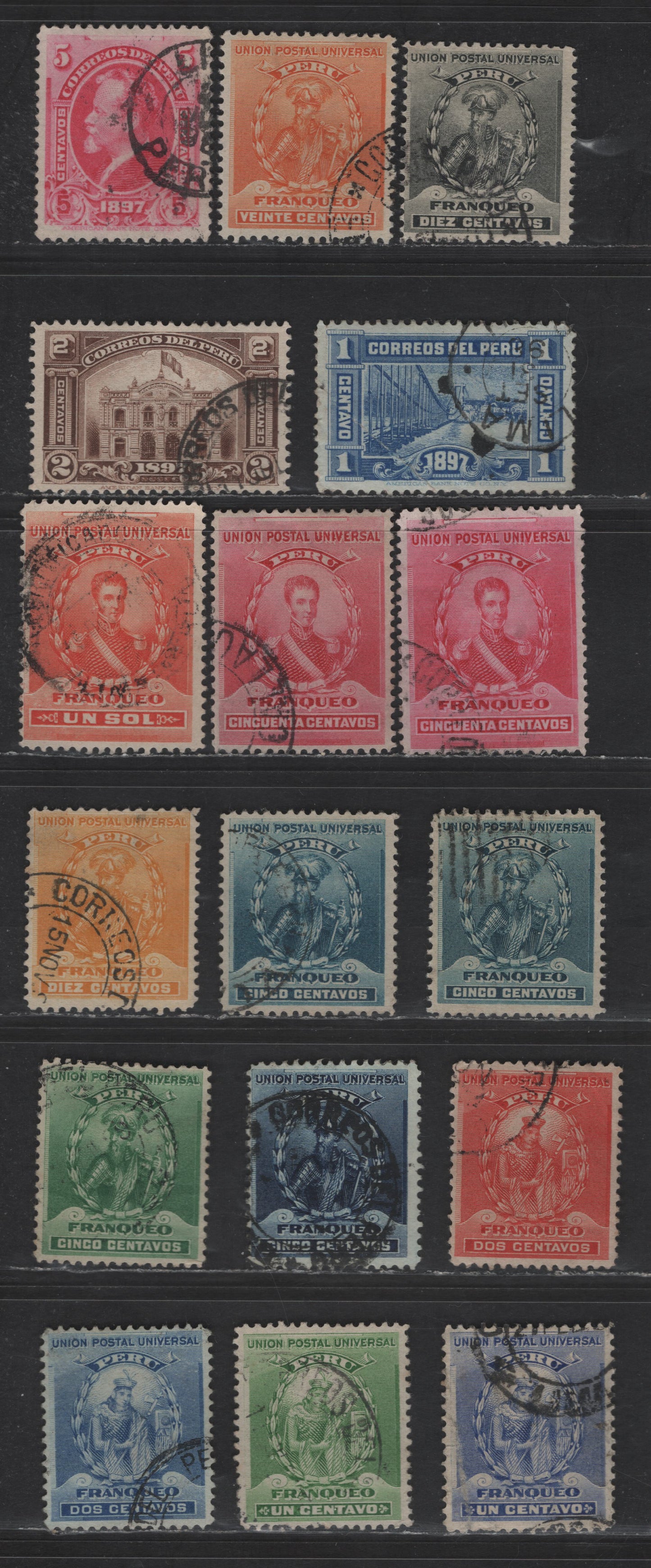 Lot 136 Peru SC#141-142, 154-156 1c - 5c Ultramarine - Carmine Rose Portraits - President Nicolas de Pierola, 1896-1897 Portraits - President Nicolas de Pierola Issues, 17 Fine/Very Fine used Singles, Extra Shade of 5c Greenish Blue