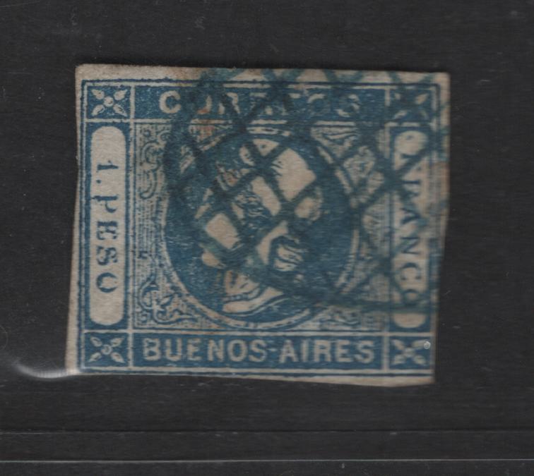 Lot 14 Argentina - Bueno Aires SC#10 1f Blue Libertu Issue, 1859 Liberty Head Issue, A Very Good Used Imperf SingleFine Impression