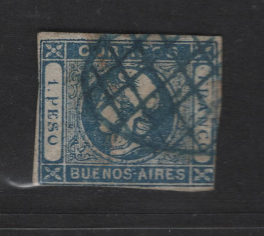 Lot 14 Argentina - Bueno Aires SC#10 1f Blue Libertu Issue, 1859 Liberty Head Issue, A Very Good Used Imperf SingleFine Impression