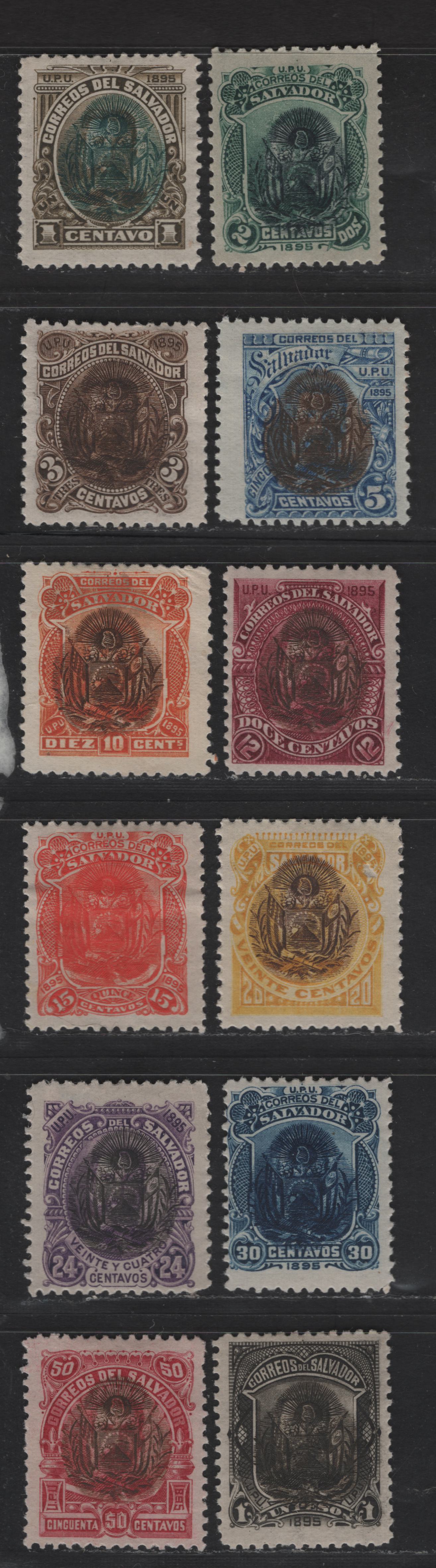 Lot 147 El Salvador SC#105-116 1c - 1p Olive & Green - Black & brown Arms, 1895 Arms Overprinted Seebeck Issue, 12 F/VFOG Singles, 2c is A Reprint, 10c Has No Gum & A Corner Crease, So Not Counted
