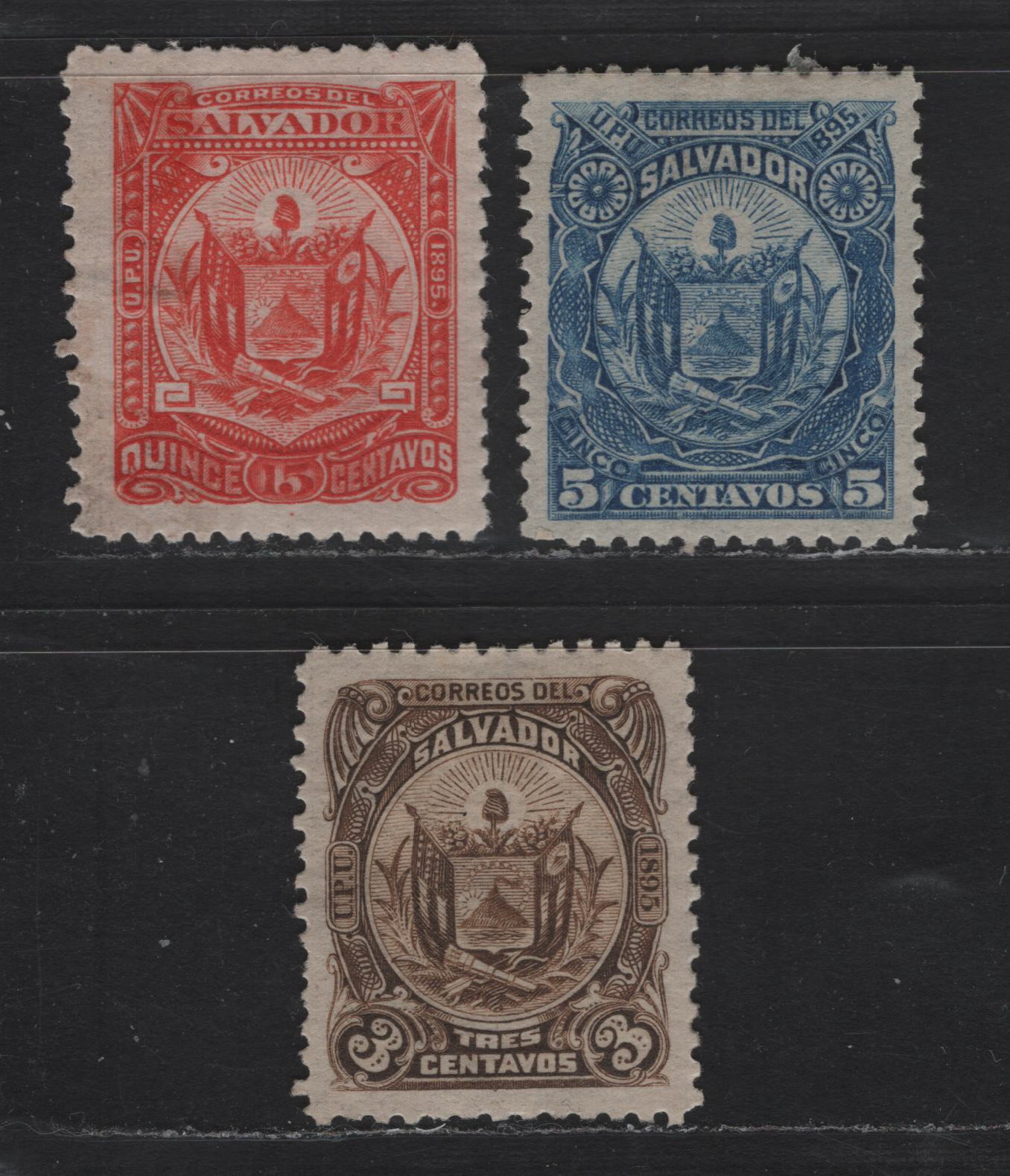 Lot 148 El Salvador SC#119-120, 123 3c - 15c Brown - Vermillion Arms, 1895 Arms Seebeck Issue, 3 VFOG Singles, Original Printings On Medium Horizontal Wove