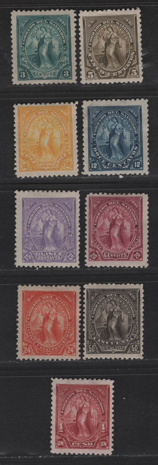 Lot 149 El Salvador SC#136/145 3c - 1p Blue Green - Rose Lake Peace, 1896 Peace Seebeck Issue, 9 F/VFOG & Unused Singles, 1p Has No Gum