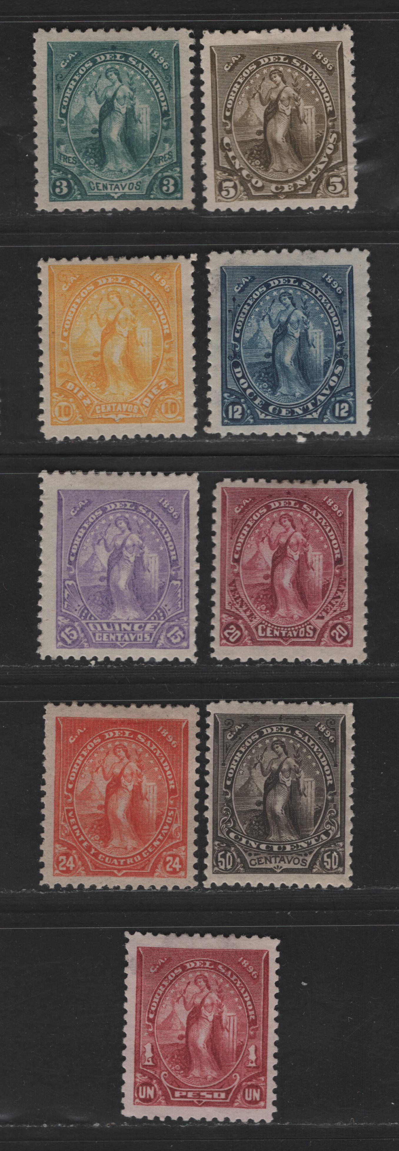 Lot 149 El Salvador SC#136/145 3c - 1p Blue Green - Rose Lake Peace, 1896 Peace Seebeck Issue, 9 F/VFOG & Unused Singles, 1p Has No Gum