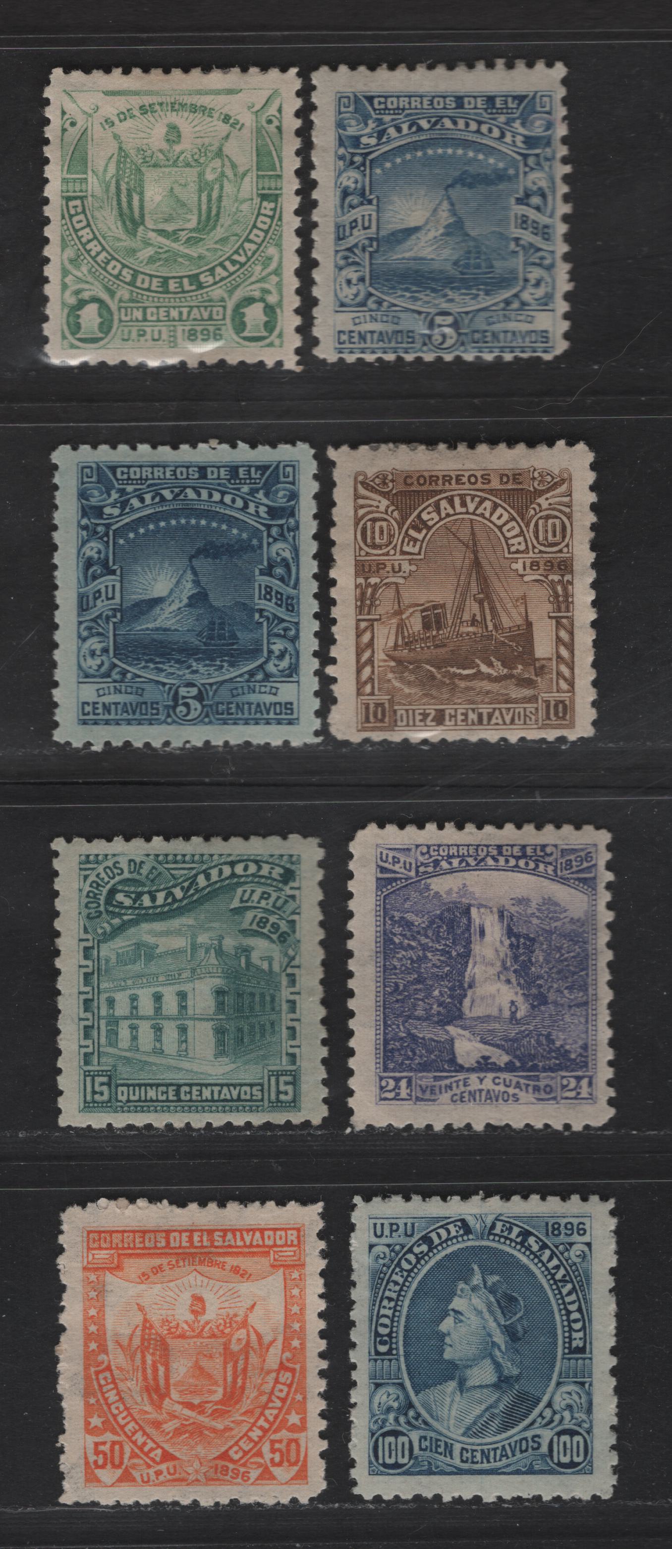 Lot 150 El Salvador SC#146, 149, 150, 152, 154, 156-157 1c - 100c Emerald - Dark Blue Pictorials, 1896 Pictorial Seebeck Issue, 8 F/VFOG Singles, Upright Wmks, Original Printings On Thinner Horizotnal Wove