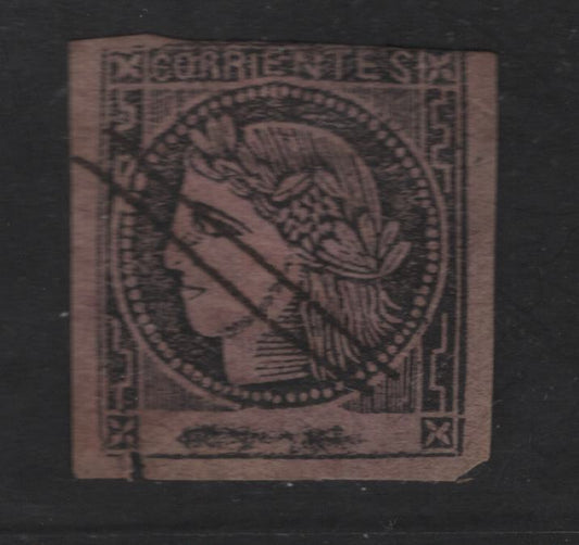 Lot 15 Argentina - Corrientes SC#7a 3c Black on Lilac Rose Ceres, 1860-1880 Ceres Head Issue, An Ungraded Used Imperf Single, Margins Just In At Top, Small Nick At LL, Corner Crease At UR