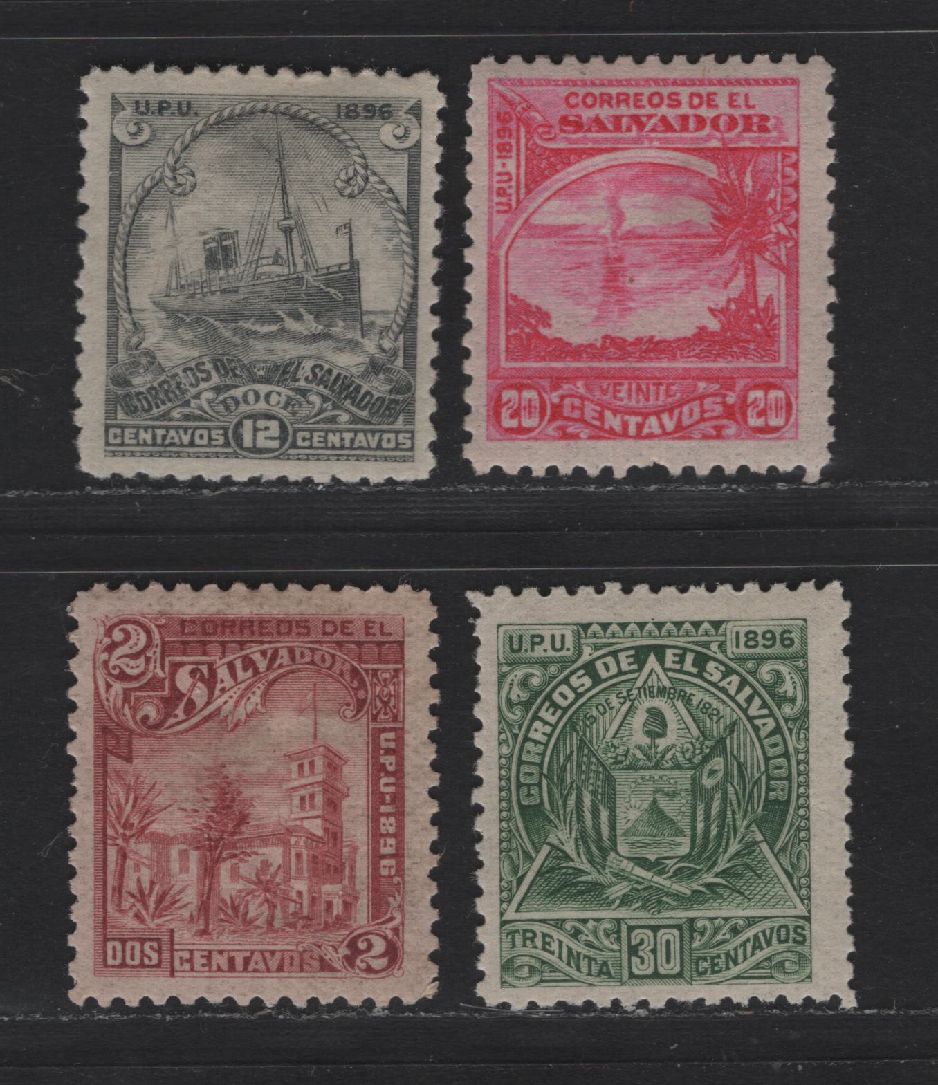 Lot 151 El Salvador SC#157C, 157G, 157J, 157M 2c - 30c Lake - Dark Green Pictorials, 1896 Pictorial Seebeck Issue, 4 F/VFOG Singles, Unwatermarked, Original Printings On Thinner Horizontal Wove Paper