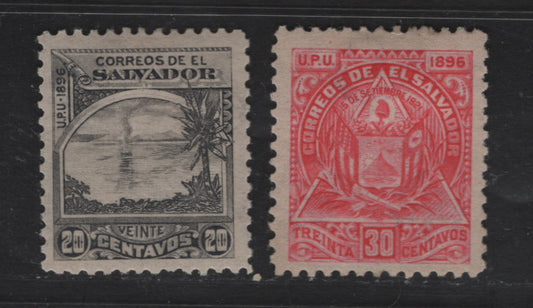 Lot 153 El Salvador SC#166, 168 20c - 30c Slate - Rose Pictorials, 1897 Pictorial Seebeck Issue, 2 VFOG Singles, With Wmk, Original Printings On Thinner Horizontal Wove Paper