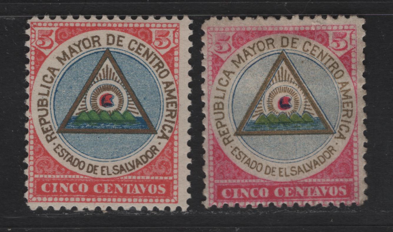 Lot 154 El Salvador SC#176, 176R 5c Rose, Gold Blue & Green Coat of Arms, 1897 Coat of Arms Issue, 2 FOG Singles, Original & Reprint