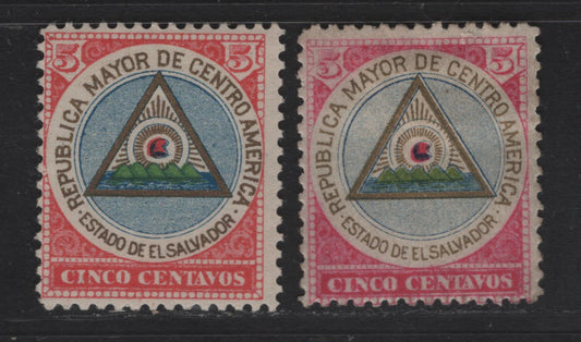 Lot 154 El Salvador SC#176, 176R 5c Rose, Gold Blue & Green Coat of Arms, 1897 Coat of Arms Issue, 2 FOG Singles, Original & Reprint