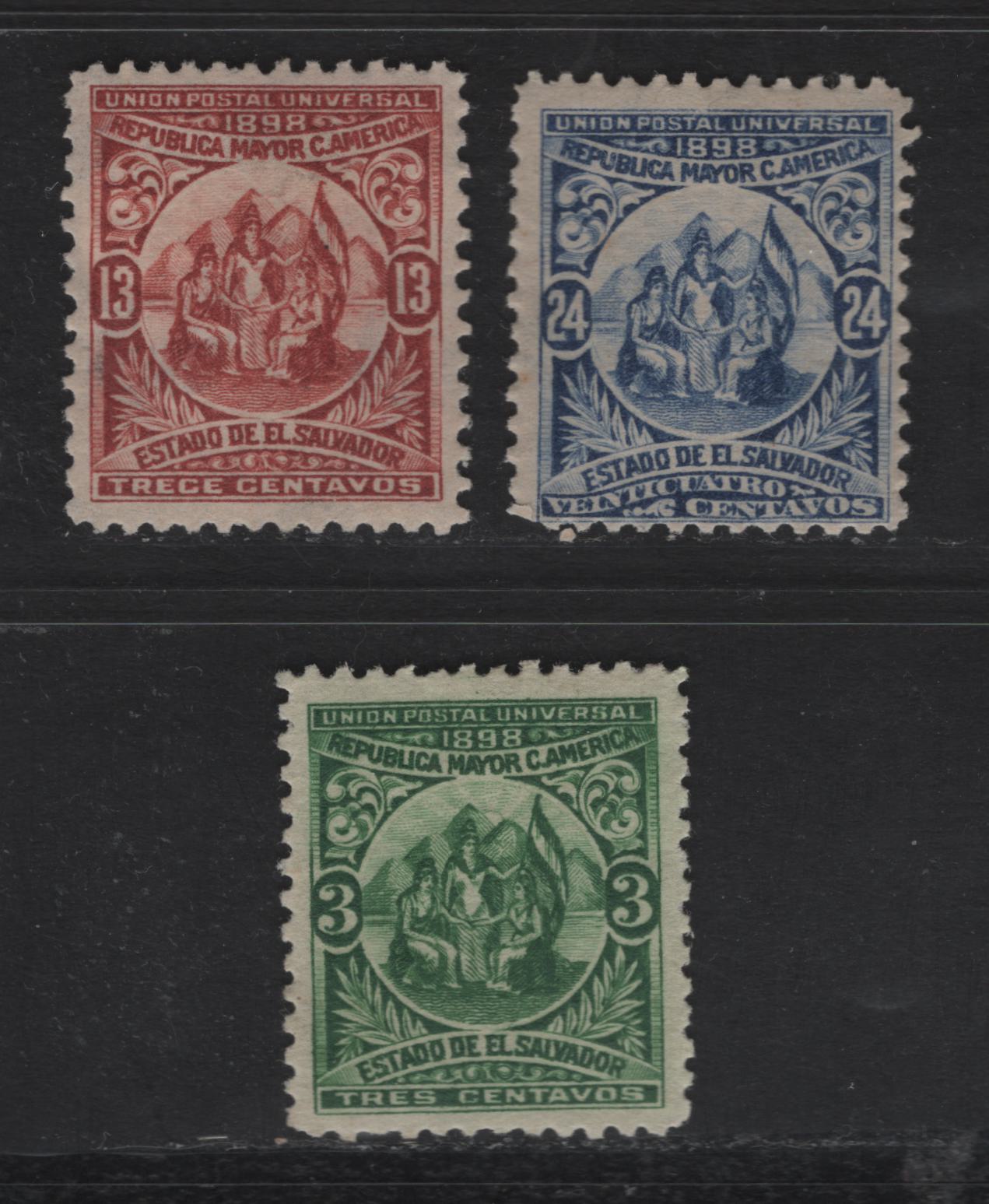 Lot 156 El Salvador SC#179, 183, 185 3c - 13c Yellow Green - Brown Lake Allegory Of Central American Union, 1898 Allegory Of Central American Union Issue, 3 F/VFOG Singles, Original Printings, Horizontal Wove Paper With Upright Wmks