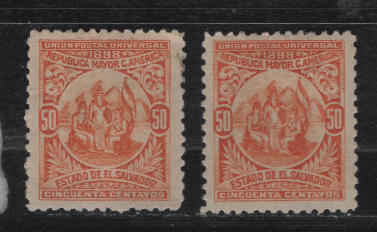 Lot 157 El Salvador SC#187 50c Orange Allegory Of Central American Union, 1898 Allegory Of Central American Union Issue, 2 VFOG Singles, Original Printing, Horizontal & Vertical Wove Paper With Upright Wmks