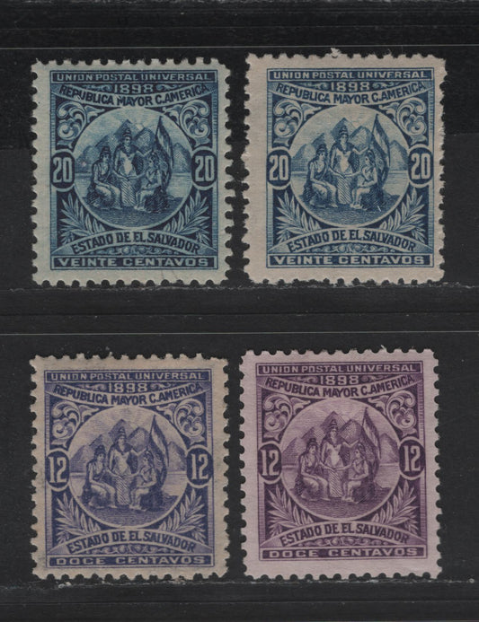 Lot 158 El Salvador SC#182, 184 12c & 20c Violet - Deep Blue Allegory Of Central American Union, 1898 Allegory Of Central American Union Seebeck Issue, 4 F/VFOG Singles, Two Different Original Printings, Medium Horizontal Wove Paper