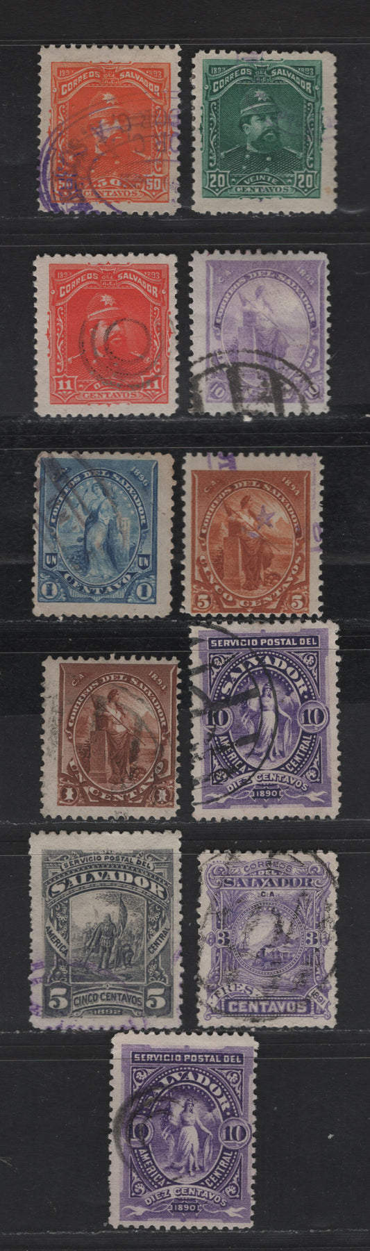 Lot 160 El Salvador SC#42/134 10c - 1c Violet - Blue Portraits, 1890-1896 Seebeck Issues, 11 Fine/Very Fine Used Singles, All Postally Used, Includes 2 Shades Of 1890 10c Violet