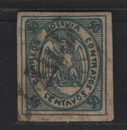 Lot 16 Bolivia SC#6a 50c Dark Blue Condor, 1867-1868 Condor Issue, A Very Good Used Single, Postal Cancel, Thin Which Does Not Show Through