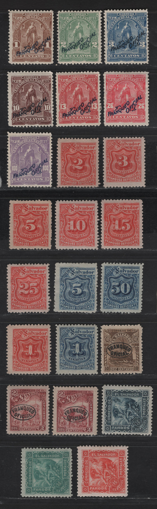 Lot 162 El Salvador SC#J17-J23, J25, J58, J32, O29, O14, O26, Q2-Q3, Q5, O149-O151, O153-O155, O157 1c - 100c Red - Violet Numerals - Ceres, 1896-1899 Postage Dues & Official Overprinted Issues, 23 F/VFOG Singles, Original Printings