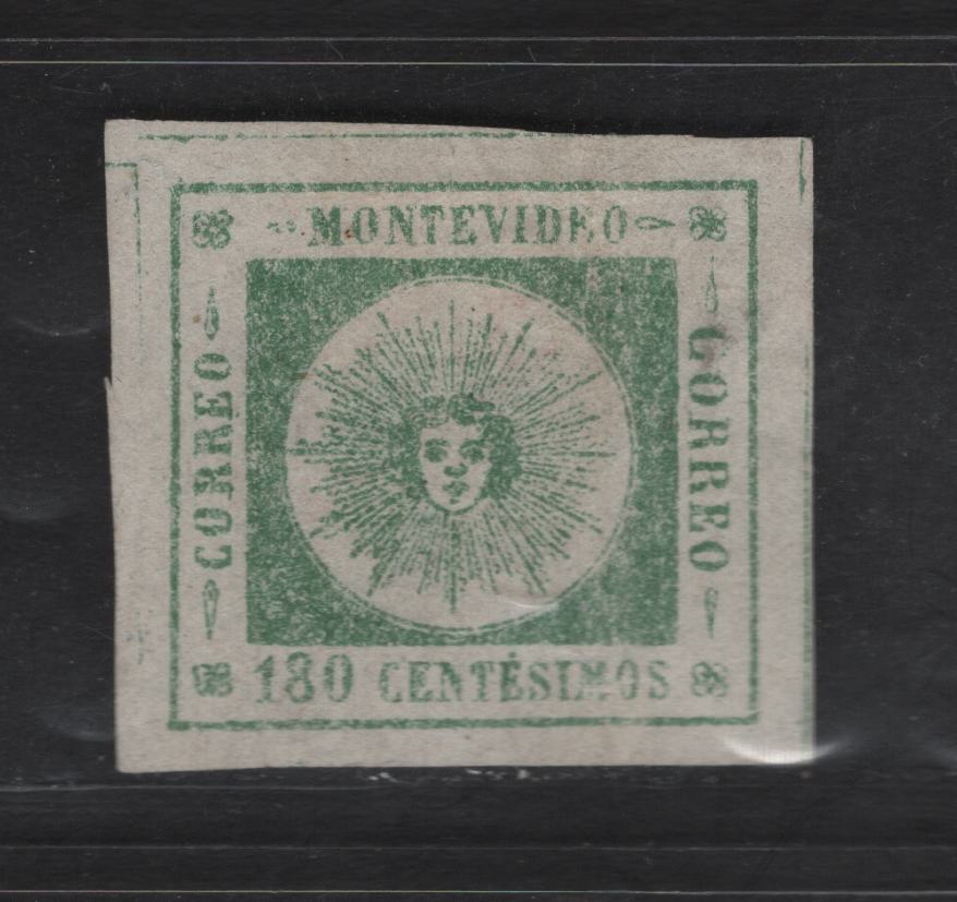 Lot 163 Uruguay SC#11 180c Green Sun Emblem, 1859 Sun Emblem Issue, A Fine Used Imperf Single Checked & Verified Original, No Gum, Very Shallow Thin