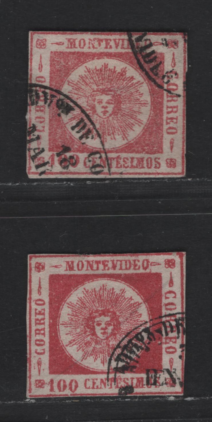 Lot 165 Uruguay SC#15a 100c Carmine & Deep Carmine Sun Emblem, 1859 Sun Emblem Issue, 2 Good Used Imperf Singles, Thick Numerals