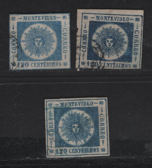 Lot 166 Uruguay SC#10 120c Dark Blue, Blue & Light Blue Sun Emblem, 1859 El Sol de Mayo Issue, 3 Ungraded Used Imperf Singles, Thin Numerals, Two With Shallow Thins, Checked & Verified Genuine