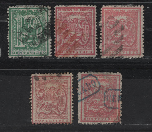Lot 167 Uruguay SC#36, 38 10c - 20c Green & Rose Numerals, 1866-1867 Numeral Issue, 5 Fine/Very Fine Used Singles, Various Perfs