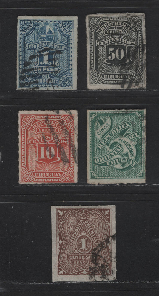 Lot 169 Uruguay SC#40-41, 43, 43A, 44 1c - 1p Red Brown - Blue Numeral, 1877-1879 Rouletted Numerals Issue, 5 Fine/Very Fine Used Singles