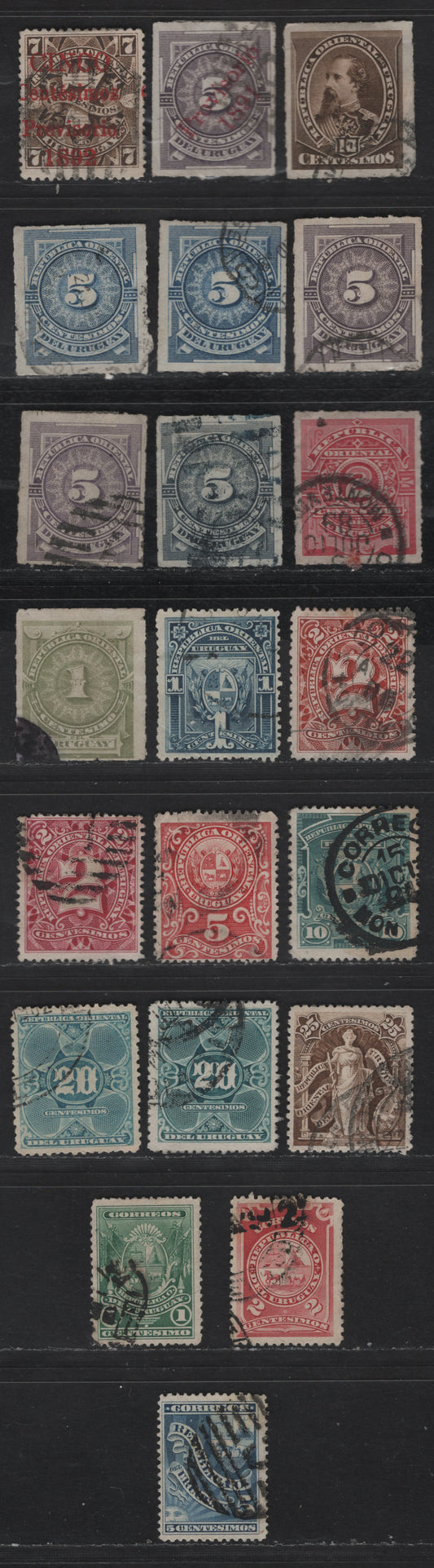 Lot 170 Uruguay SC#57, 60A, 61-63, 66, 75-77, 80, 84, 88-a, 91, 99, 101-104 1c - 5c Olive - Blue Numerals - Portrait & Arms, 1884-1892 Rouletted Numeral, Portraits - Arms Issues, 21 Fine/Very Fine Used Singles