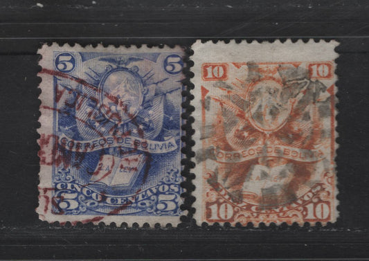 Lot 17 Bolivia SC#20-21 5c - 10c Ultramarine - Orange Arms & The Law, 1878 Arms & The Law Issue, 2 Very Good Used Singles, 10c Has A Nice Fancy Cork Cancel