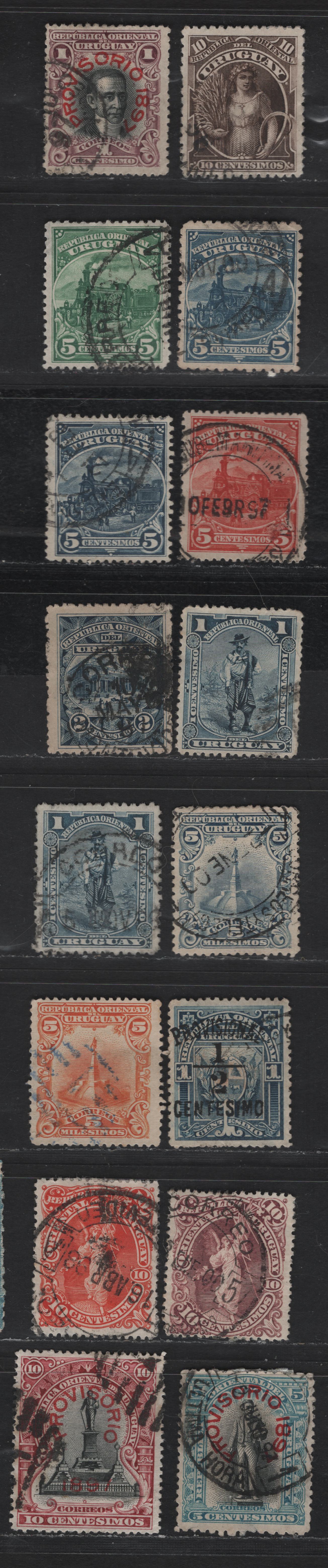Lot 172 Uruguay SC#109-110, 112-114, 117, 133-137, 142, 150-151 1c - 5m Slate Blue - Orange Pictorial - Statue of Artigas, 1895-1990 Waterlow Pictorial - Statue of Artigal Issues, 16 Fine/Very Fine Used Singles