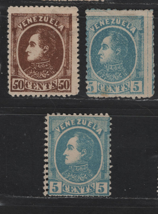 Lot 176 Venezuela SC#68, 72 5c - 50c Blue - Brown Simon Bolivar, 1880 Lithographed Bolivar Sideface Issue, 3 VGOG Singles, Small Thin On 50c