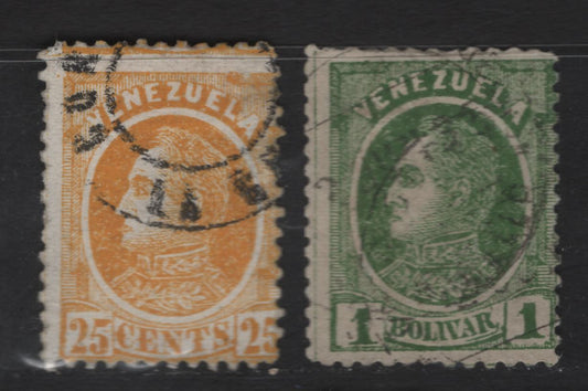 Lot 177 Venezuela SC#71, 73 25c - 1b Yellow - Green Simon Bolivar, 1880 Lithographed Bolivar Sideface Issue, 2 Very Good Used Singles