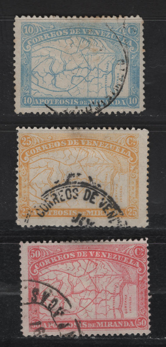 Lot 184 Venezuela SC#138-140 10c, 25c & 50c Blue, Yellow & Rose Red De Miranda, 1896 De Miranda Issue, 3 F/VFOG Singles
