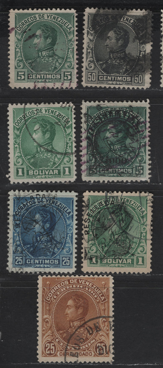 Lot 185 Venezuela SC#142, 145, 147, 152, 154, 161, F1 5c - 25c Green - Yellowish Brown Boliver, 1899-1901 Bolivar Sidefaces Issues, 7 Fine/Very Fine Used Singles
