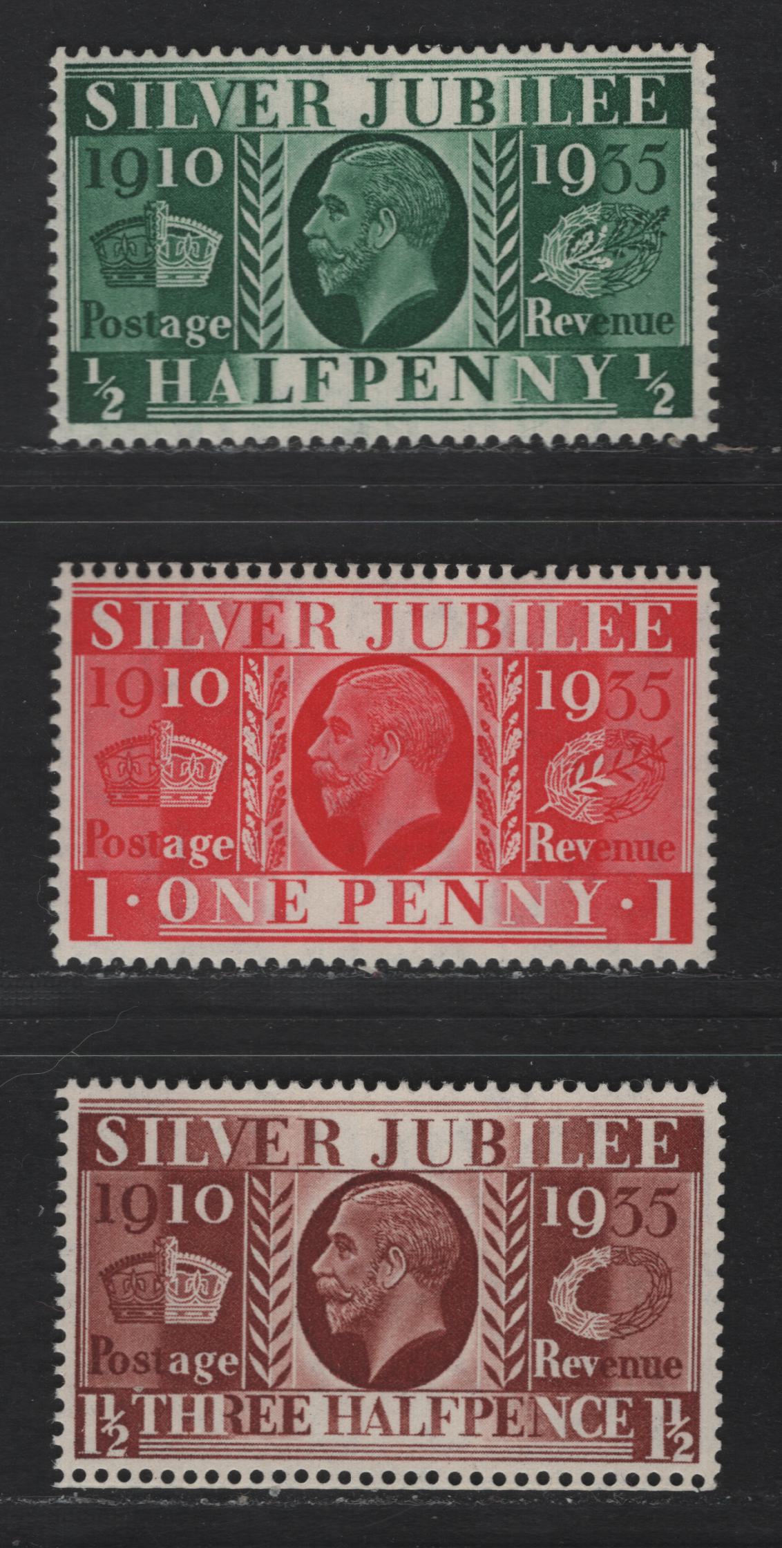 Lot 189 Great Britain SG#453vi-455vi (SC# 226-228var) 1/2d - 1.5d Green - Red Brown King George V, 1935 Silver Jubilee Issue, 3 VFNH Singles, Booklet Singles with Inverted Wmk