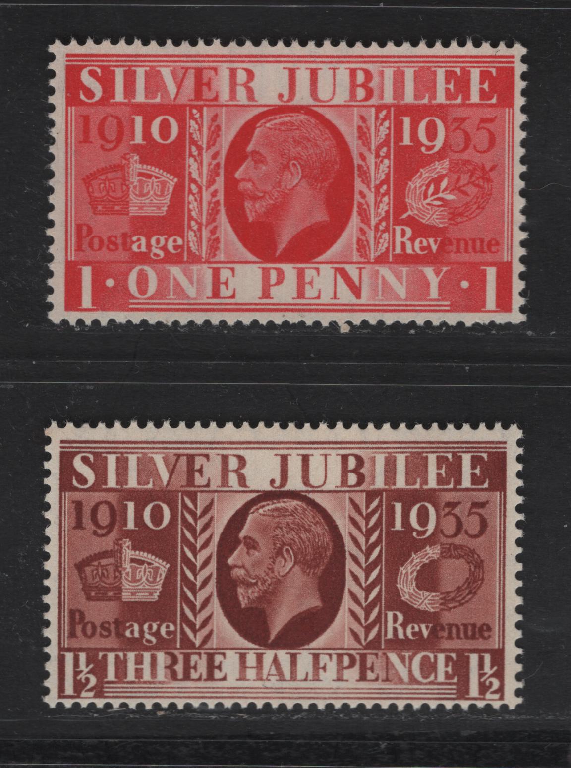 Lot 190 Great Britain SC#227-228 1d - 1.5d Scarlet - Red Brown King George V, 1935 Silver Jubilee Issue, 2 F/VFNH Singles
