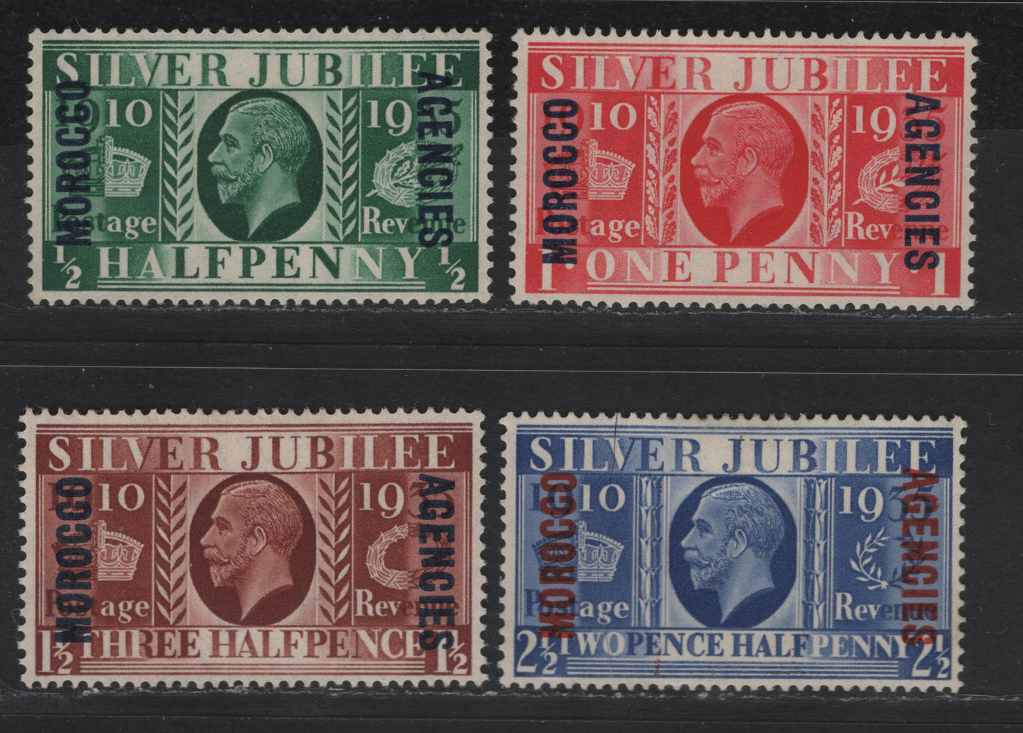 Lot 192 Morocco Agencies SC#226-229 1/2d - 2.5d Dark Green - Ultramarine King George V, 1935 Silver Jubilee Issue, 4 VFOG Singles, British Currency