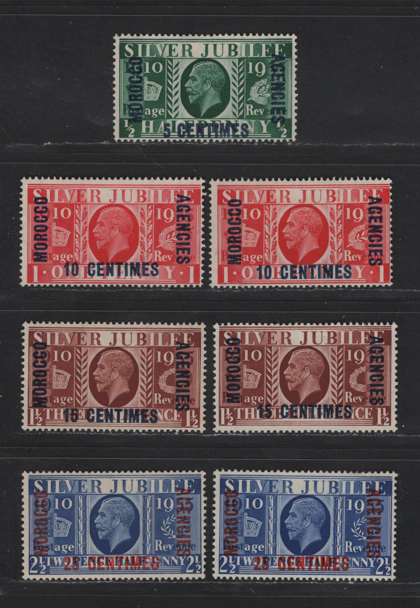 Lot 200 Morocco Agencies SC#422-425 5c - 25c Green - Ultramarine King George V, 1935 Silver Jubilee Issue, 7 F/VFOG Singles, French Currency, Shade Variations