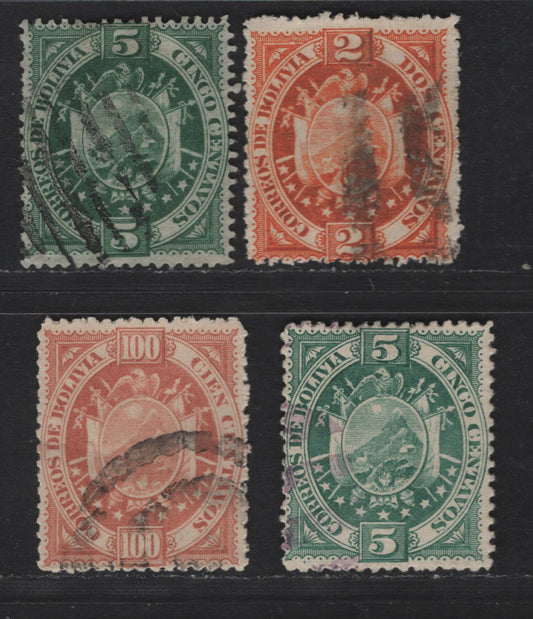 Lot 20 Bolivia SC#41-42, 46 5c - 2c Green - Red Orange Arms, 1894 Arms Issue, 4 Fine Used Singles, What Appear To Be Genuine Postal Cancels, Surreptituous Paris Printings (5c & 100c) With What Appears To Be Genuine Cancels